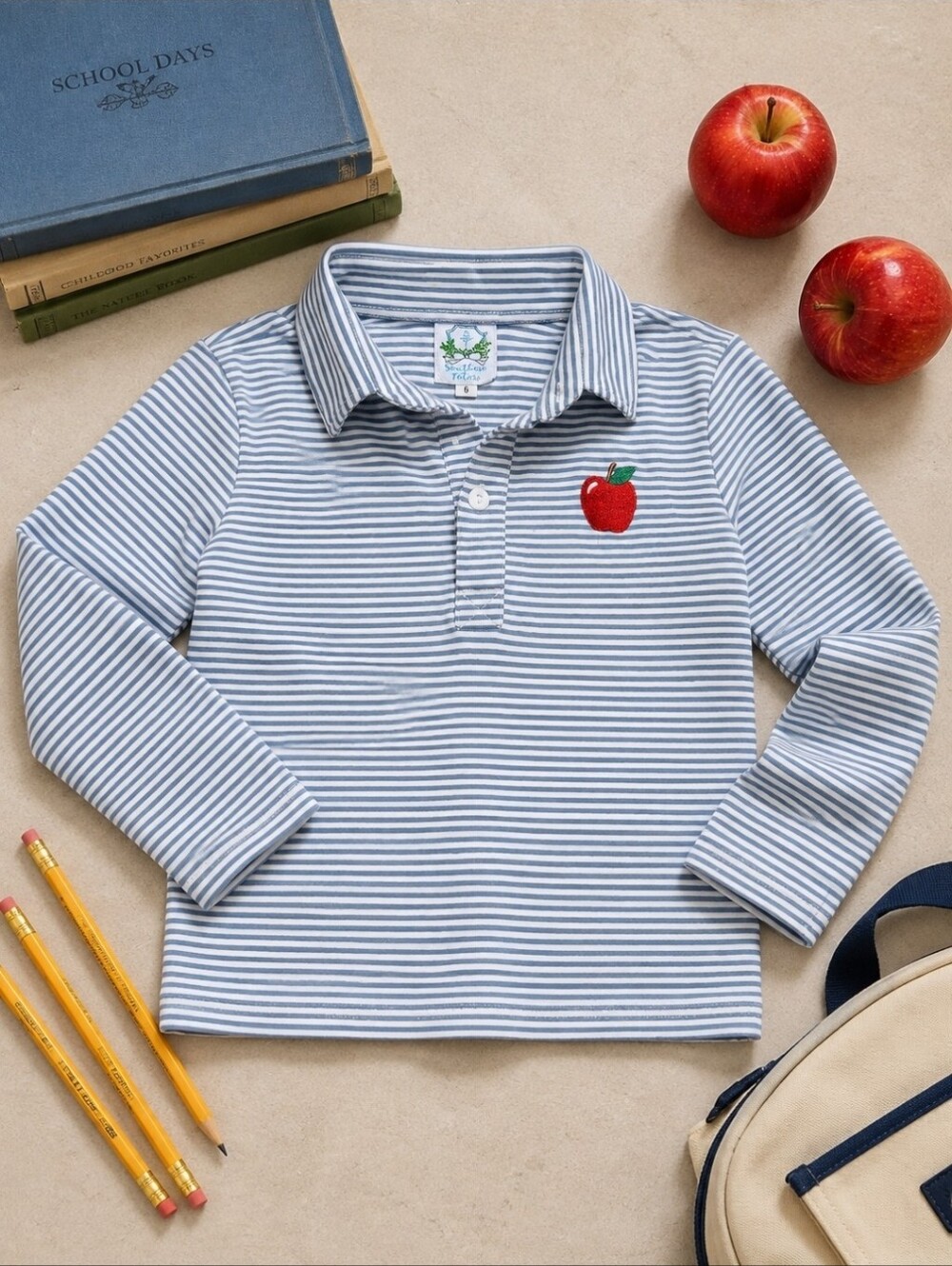 Southern Taters Boys 6 Apple Polo Blue Stripe Back to School Preppy
